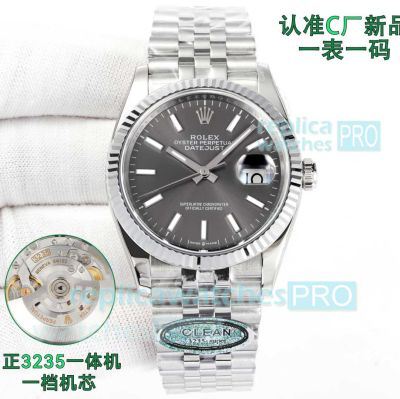 Clean Factory Swiss Clone Rolex Datejust 3235 Grey Dial Stainless Steel Watch 36mm 